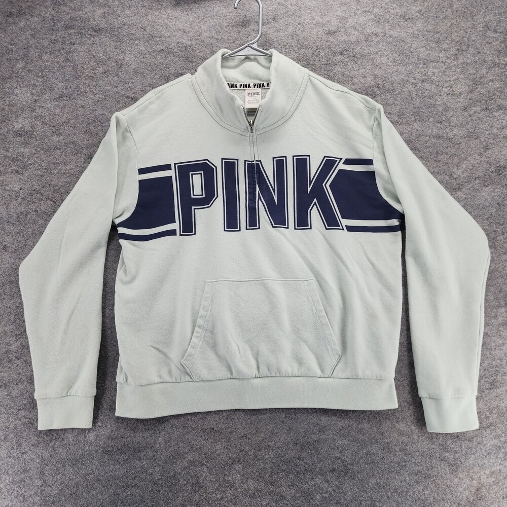 Pink Victoria Secret Sweatshirt Womens Large Blue Quarter Zip Long Sleeve